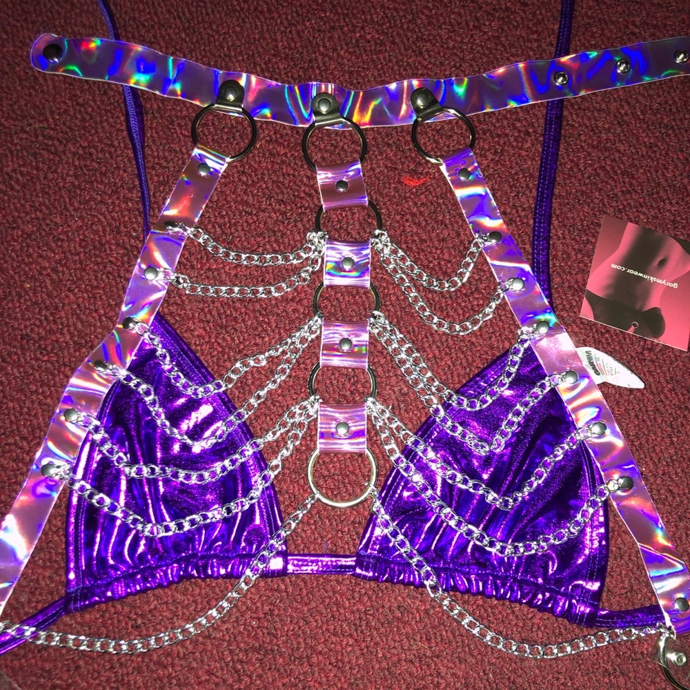 Iridescent purple chain bra with metallic top